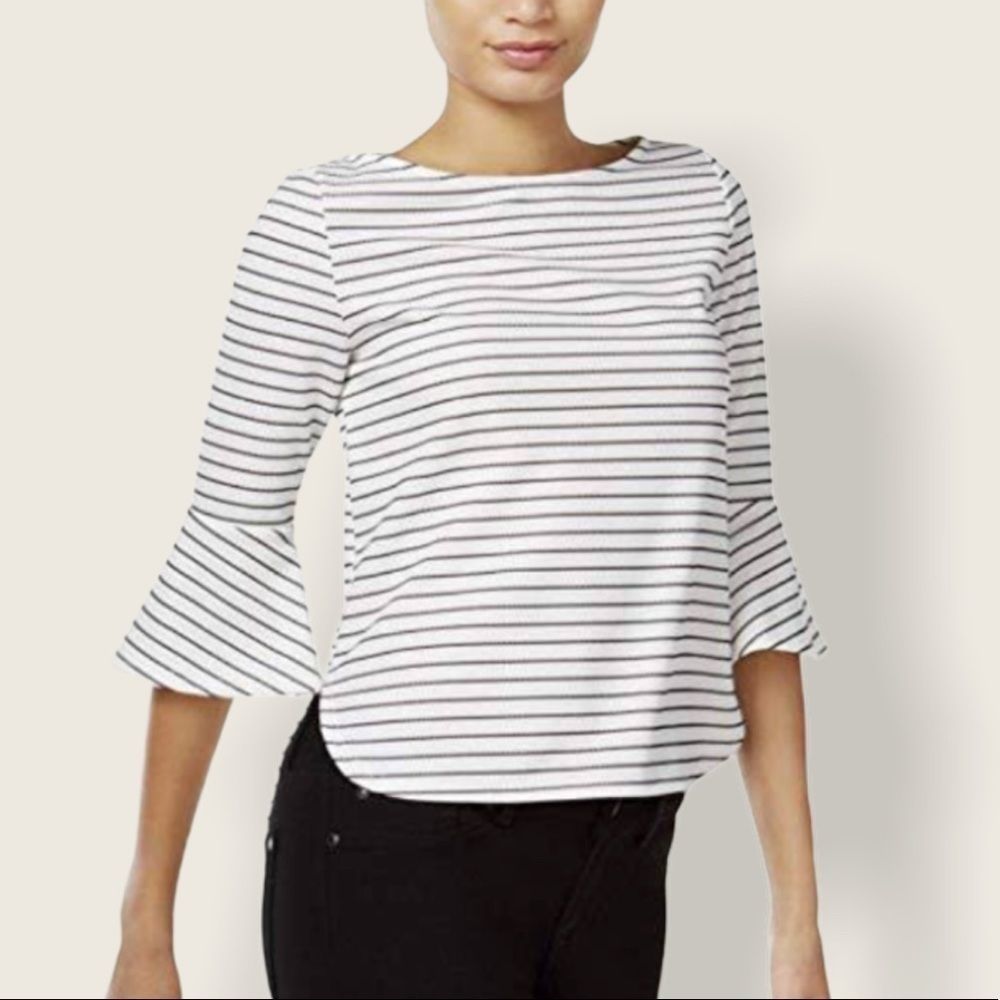 GREEN ENVELOPE Striped Bell Sleeve Zipper Back Top